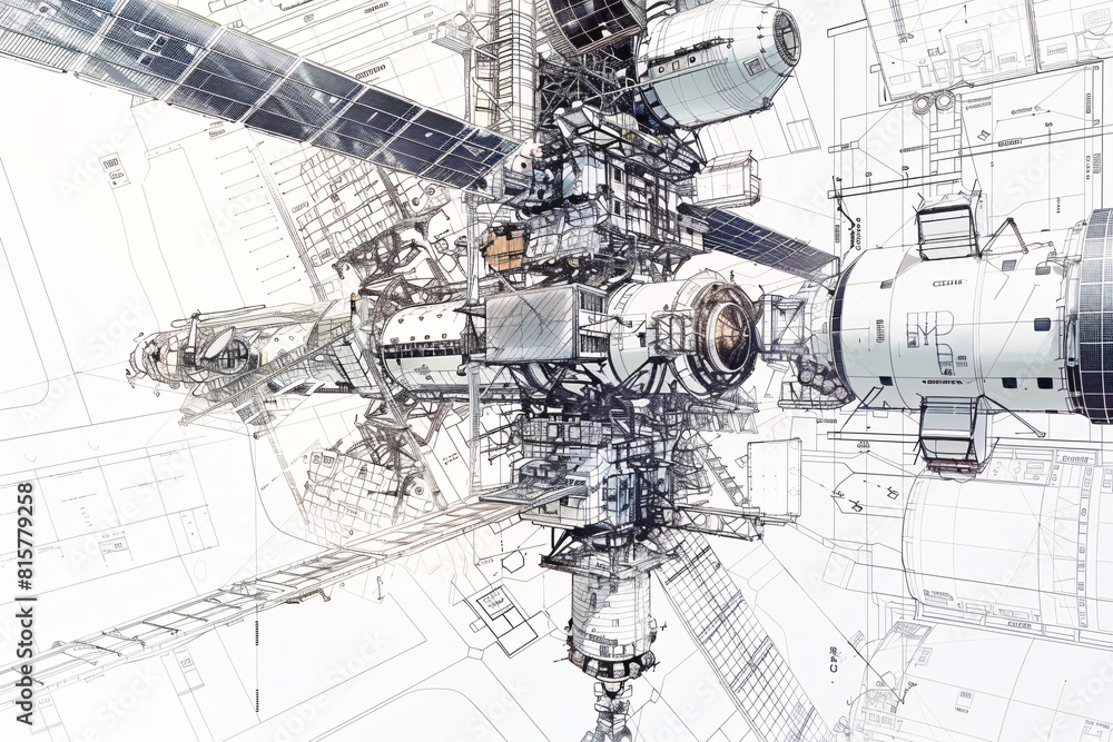 Poster detailed sketch of space station on technical blueprint background