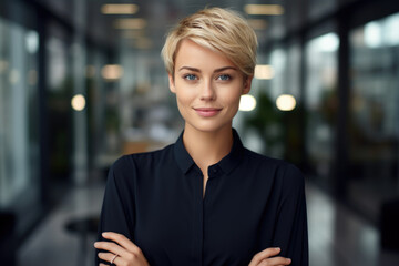 Closeup portrait of a confident young nordic Corporate professional woman with short hair