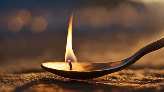 A flickering flame captured in slow motion on the spoon, Spirit of resilience and hope in the face of adversity, 