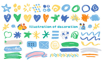 手描きのあしらいイラストセット　ハートや筆ライン
