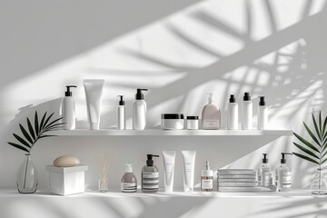 Minimalistic cosmetic products on white shelves with plant decoration. Modern bathroom and wellness concept. Design for banner, header.