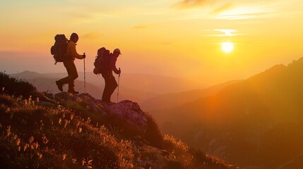 Obraz premium Two hikers on a mountaintop at sunrise. The sky is a bright orange and the sun is just peeking over the horizon. The hikers are silhouetted against the sky.
