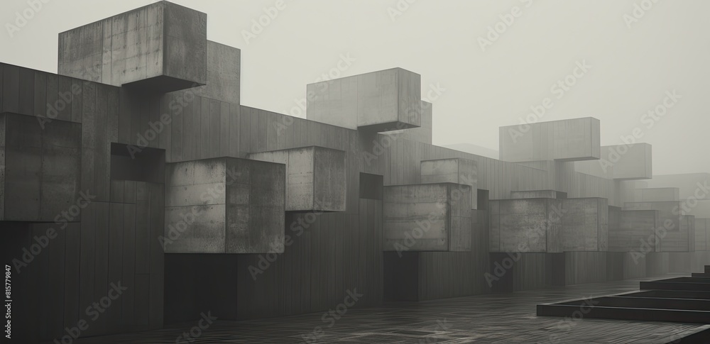 Poster misty monolith: gray cube block building amidst a foggy sky background