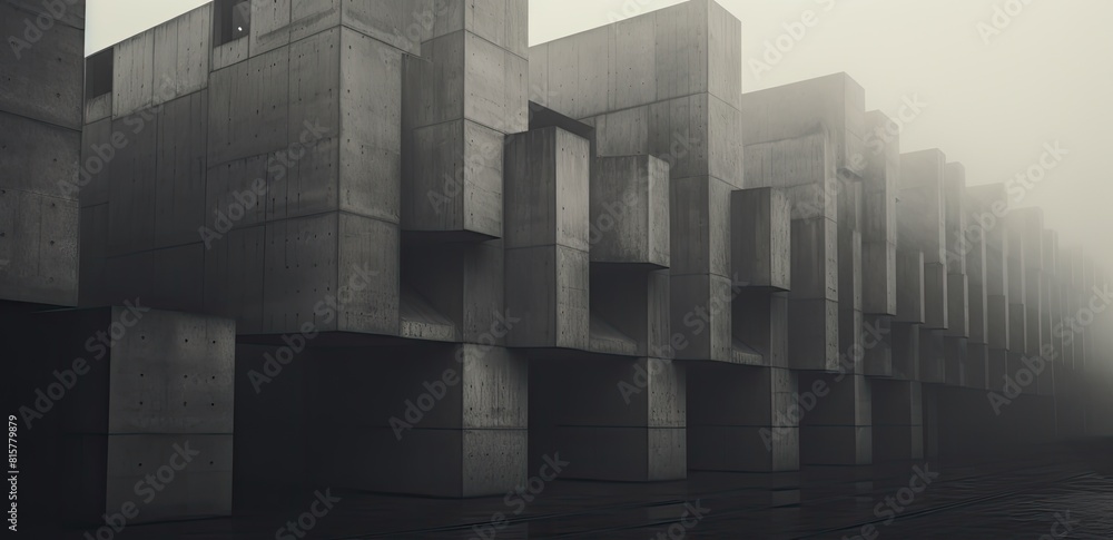Poster misty monolith: gray cube block building amidst a foggy sky background