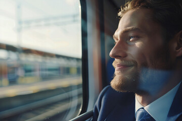 Serene businessman reflecting in train window during golden hour