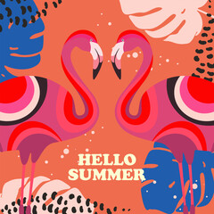 Hello summer. Summer background with tropical leaves, pink flamingos. Vector illustration.