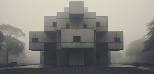 Urban Enigma: Cube Block Building Shrouded in Mist Against a Gray Sky