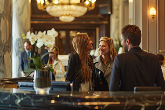 Smiling guests warmly welcomed at the reception of a luxury hotel, surrounded by an elegant and inviting environment