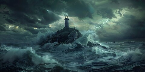 A lighthouse on top of an island in the middle of a stormy sea, with waves crashing against it, featuring dramatic lighting, a dark sky, rendered in a photo realistic,