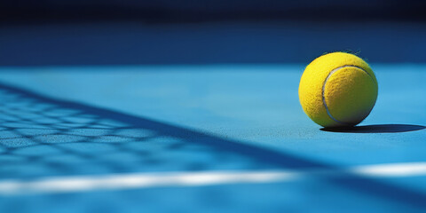 Yellow tennis ball on ground of blue hard tennis court, colorful panorama summer sports background