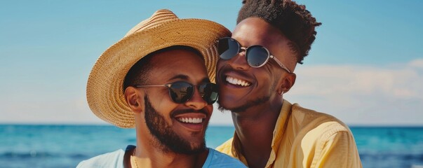 African american gay couple in love on beach. Sunshine, ocean and sand. LGBTQ couple spending time together in nature. Gay lifestyle concept. Summer vacation and travel. Freedom and pride LGBT people