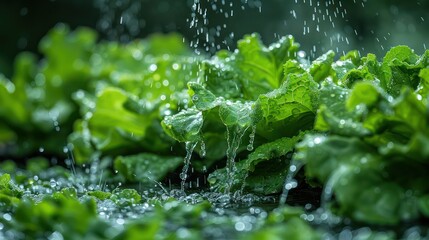 Water waters green seedlings of lettuce or other vegetables, automatic irrigation system. Generative AI
