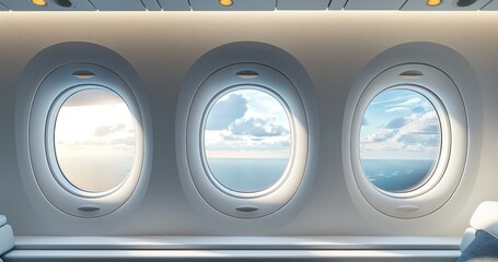 Airplane windows, sea view, abstract travel background. Generative AI