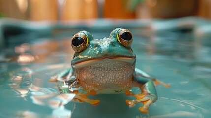 Frog swims in the pool, summer party, vacation background. Generative AI