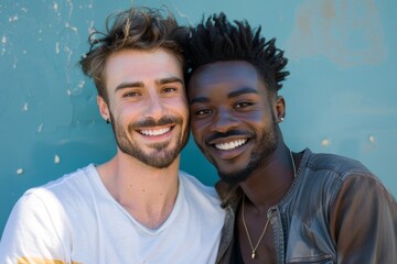 Gay couple hugging on blue background. Multiethnic LGBTQ couple of homosexual men smiling and embracing. Gay lifestyle concept. Pride Month, Pride Day in June. Diversity, freedom and pride LGBT people