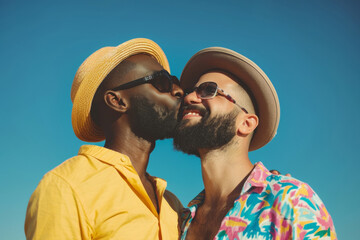 Young gay couple kissing on beach. Sunshine, ocean and sand. Multiethnic LGBTQ couple spending time together in nature. Gay lifestyle concept. Summer vacation and travel. Freedom and pride LGBT people