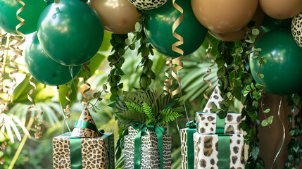 A safari adventure birthday with jungle green and earth tone balloons, vine streamers, safari hats, and gift boxes wrapped in animal prints in a lush jungle environment .