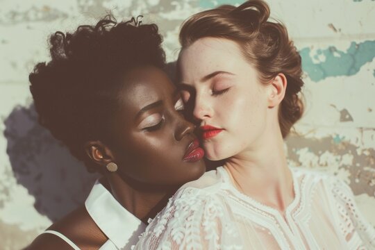 Lesbian Couple Hugging On White Background. Young Attractive Caucasian And African American Woman Feeling Love. Happy Lesbian Multiethnic Couple. Ethnic Friends. Freedom And Pride LGBT People Concept