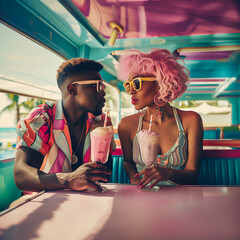 Fun love scene with an american african couple on vacation looking each other and enjoy drinking milkshakes in a summer coffee shop. Colorful scene.