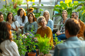 Passionate activists leading informative workshops or presentations to educate the public about pressing environmental issues and promote sustainable living practices, inspiring change and awareness