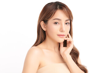 Naklejka premium Beautiful young asian woman with clean fresh skin on white background, Face care, Facial treatment, Cosmetology, beauty and spa, Asian women portrait.
