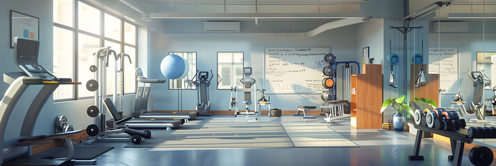 Gym Interior Featuring Workout Equipment and Whiteboard with Fitness Tips 