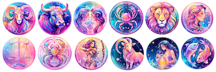 Holographic Zodiac Signs Sticker Set with Rainbow Core on Transparent Background - Modern Astrology Icons for Banner and Design