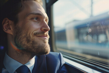 Smiling young businessman looking out the window of a train