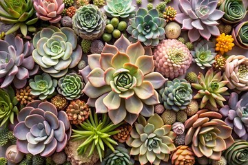 A group of miniature succulent flowers of succulents. Close-up of the multicolored tops of the echeveria plant. Flowering indoor plants.