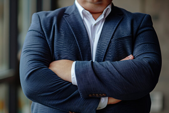 Confident, successful businessman of larger stature showcasing his leadership qualities and commanding presence in a professional setting, challenging stereotypes and promoting body positivity