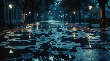 Obraz premium Abstract design of a rain-soaked street at night, where the reflections and puddles form patterns similar to cow skin, illuminated by street lamps in a moody, atmospheric scene.