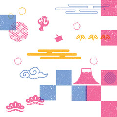 geometric pattern in Japanese style. Fuji mountain, cloud and wave, bonsai tree, bamboo leaves icons. Traditional template background in vintage style