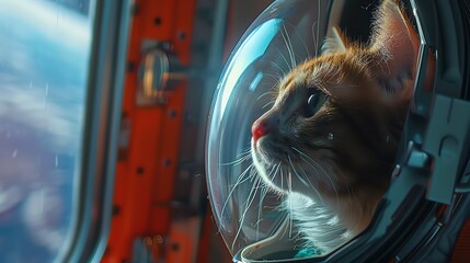 A cute cat wearing a space helmet is looking out the window of a spaceship. The cat is looking at the stars in space.