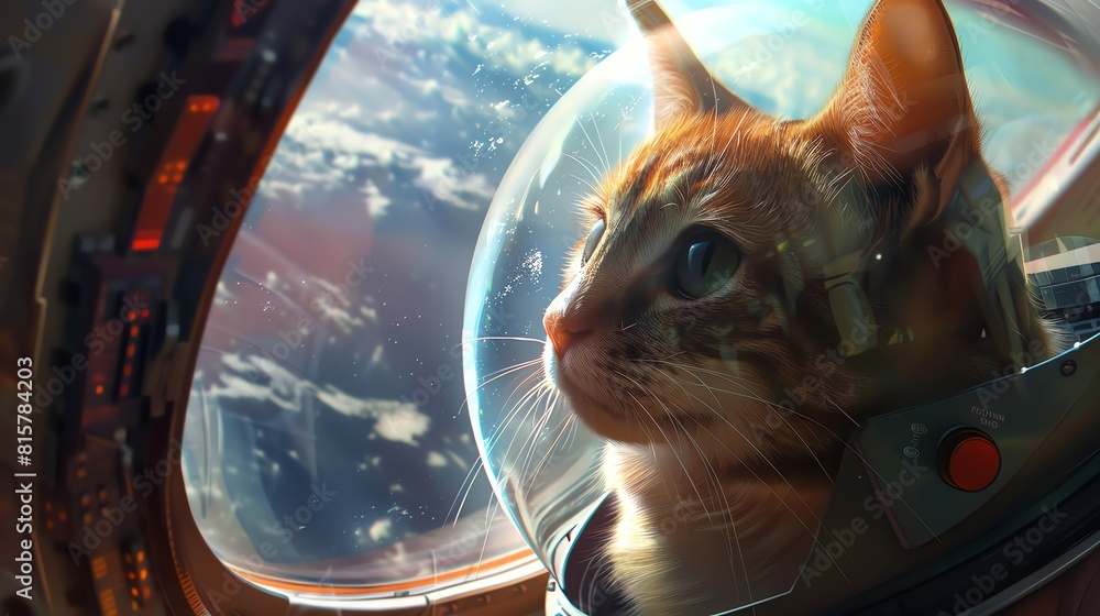 Poster a cute cat wearing a space helmet is looking out the window of a spaceship. the cat is looking at th