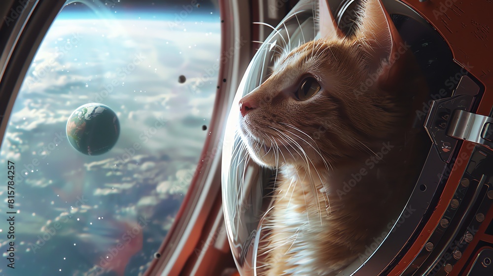 Poster a ginger cat wearing a space helmet looks out the window of a spaceship. the cat is looking at the e