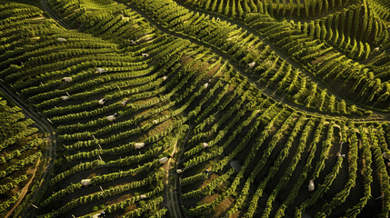 Digital artwork depicting a sprawling vineyard from above, where the rows of vines abstractly mirror cow skin patterns, blending agriculture with a unique, artistic perspective.