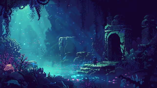 Mystical lake with ruins. A lone traveler stands on a small dock, looking out at the dark water. The ruins are overgrown with moss and vines.