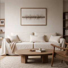 Fototapeta premium A mockup of an empty blank wooden frame on the wall in cozy living room, wooden coffee table and sofa with beige fabric cover, wooden floorboard