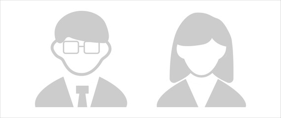 Vector flat illustration in grayscale. Man and woman icons. Avatar, user profile, person icon, profile picture. Suitable for social media profiles, icons, screensavers and as a template.