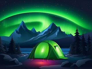 Aurora borealis arching above explorer's tent, Illuminated tent under breathtaking northern lights in serene mountain landscape, vivid green aurora arcs over rugged peaks.