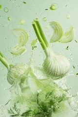 A whole fennel and several fennel slices, surrounded by a splash of transparent water, on a pure light green background 