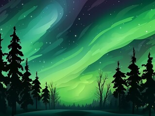 Aurora borealis creating colorful spectacle, Sweeping green aurora over forest, casting ghostly glow on tall, dark evergreen silhouettes against star-filled night sky, emphasizing wild.