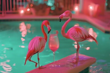 pink flamingoes and romantic cocktails near the swimming pool with night lights, pink and green palette, 80s aesthetics mood