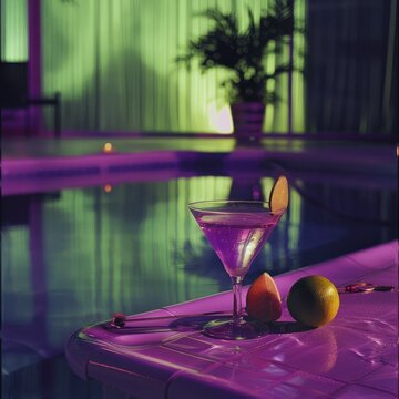 romantic view of elegant cocktails on the edge of swimming pool, night life, 80s aesthetics, purple, green, red palette