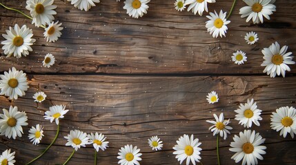 Obraz premium A background of vibrant white daisies scattered around a rustic wooden surface.