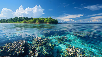 Fototapeta premium A photo of the Menjangan Island, with vibrant coral reefs as the background, during a calm morning