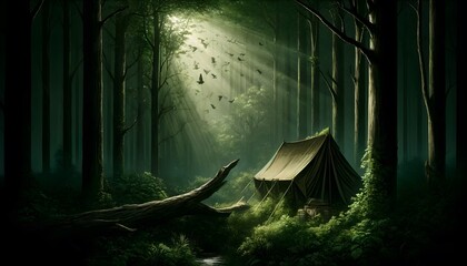 A secluded tent set up in a wild forest, surrounded by tall trees and soft rays of light, offering a peaceful retreat in nature.