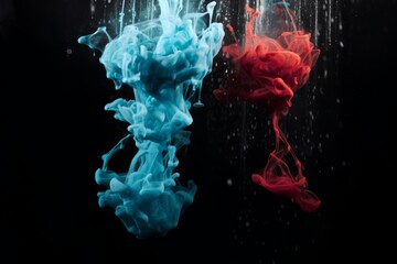 blue and red color mixing in water with black background studio shot