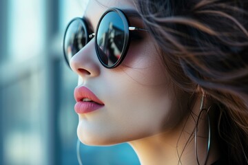 Close-up portrait of a stylish young adult woman with modern and trendy eyewear. Reflecting beauty and elegance outdoors