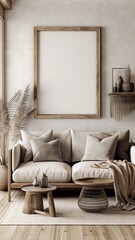 A mockup of an empty blank wooden frame on the wall in cozy living room, wooden coffee table and sofa with beige fabric cover, wooden floorboard